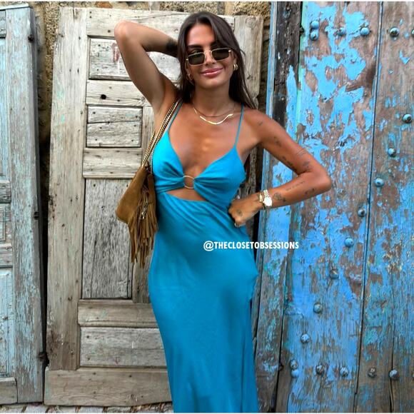 ZARA Metal Detail Cutout Midi Dress NWT – Turquoise V-Neck Blogger Fave, Size M - Picture 4 of 16